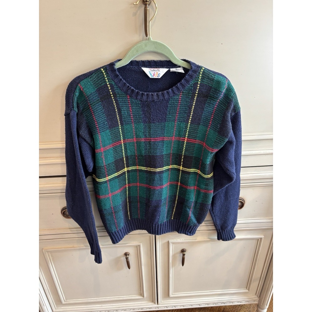 Vintage Talbots Kids Plaid Sweater XL Cotton Blend Green Blue Holiday‎